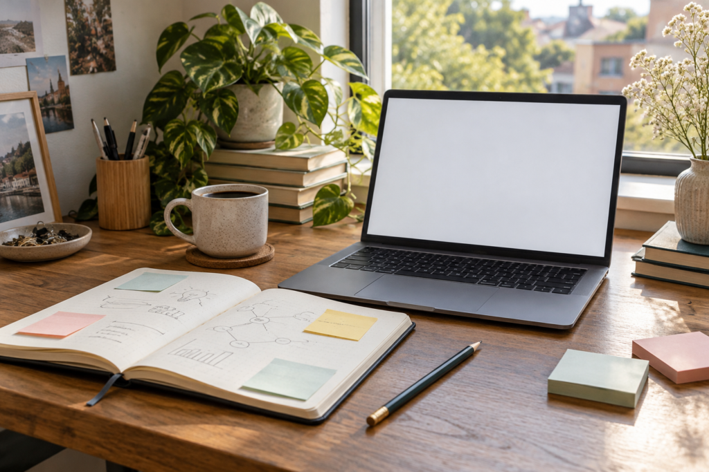Kako da pronađete ideju za blog kada mislite da nemate o čemu da pišete Laptop, otvorena sveska i beleške za osmišljavanje blog tema na radnom stolu — AI ilustracija.