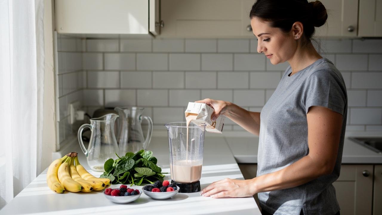 Žena priprema smoothie u blenderu sa voćem i spanaćem