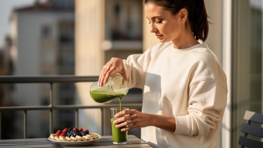 Smoothie kao praktičan obrok – kako napraviti kombinaciju koja vam neće dosaditi? Žena priprema zeleni smoothie od voća i povrća